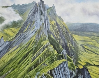 ORIGINAL - Large Switzerland Alps Mountain Landscape painting, Vintage Green Mountain Peak painting Nature Scene on Canvas Hikers Lover gift