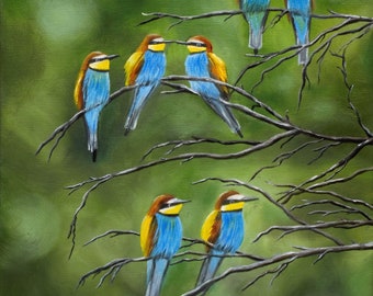 The European Robin Bird Bee Eater Oil Painting, Springtime Bird Oil Painting, Wildlife Painting On Canvas, Vintage Art, Minimalist bird art