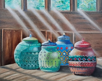 Original Oil Painting, Colorful Jar Still Life, Stretched Canvas Wall Art