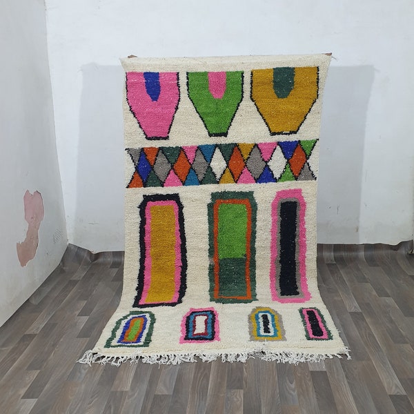 Costum Marokkanischer Weißer Teppich - Marokkanischer Wollteppich - Neuer Azilal Teppich - Beni Ouarain Stil - Beni Ouarain Teppich - Bunter Feiner Berber Teppich