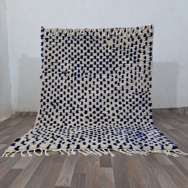 Original Moroccan Beni Ourain Doormat Rug dotted - Handwoven 100% Wool - White and Blue