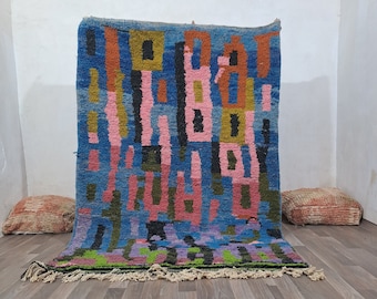 Moroccan Wool Rug - Blue Geometric Pattern, Handwoven Medium