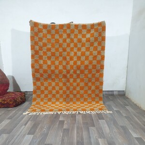 Custom Moroccan Checkered Rug,Beni Ourain rug, Moroccan Rug, Moroccan Handmade Rug, Checkered runner Rug, Biege And Orange Checkered Rug