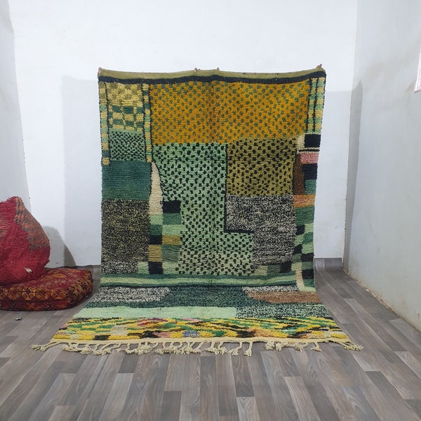 Alfombra colorida marroquí Costum - Alfombra de lana marroquí - Nueva alfombra Azilal - Estilo Boujaad - Nueva alfombra Beni Ouarain - Alfombra bereber fina verde