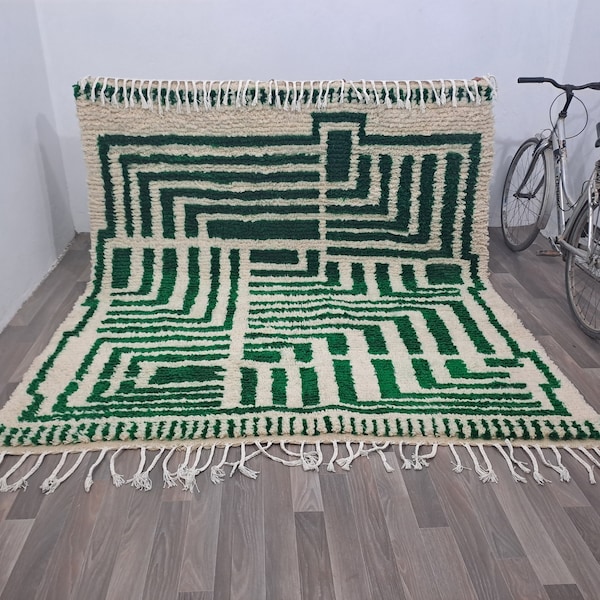 Costum Moroccan Azila Rug -Large Moroccan Woolen Carpet - New Azilal Rug - New Beni Ouarain Rug–White And Green Fine Berber Rug-FreeShipping