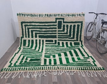 Costum Moroccan Azila Rug -Large Moroccan Woolen Carpet - New Azilal Rug - New Beni Ouarain Rug–White And Green Fine Berber Rug-FreeShipping