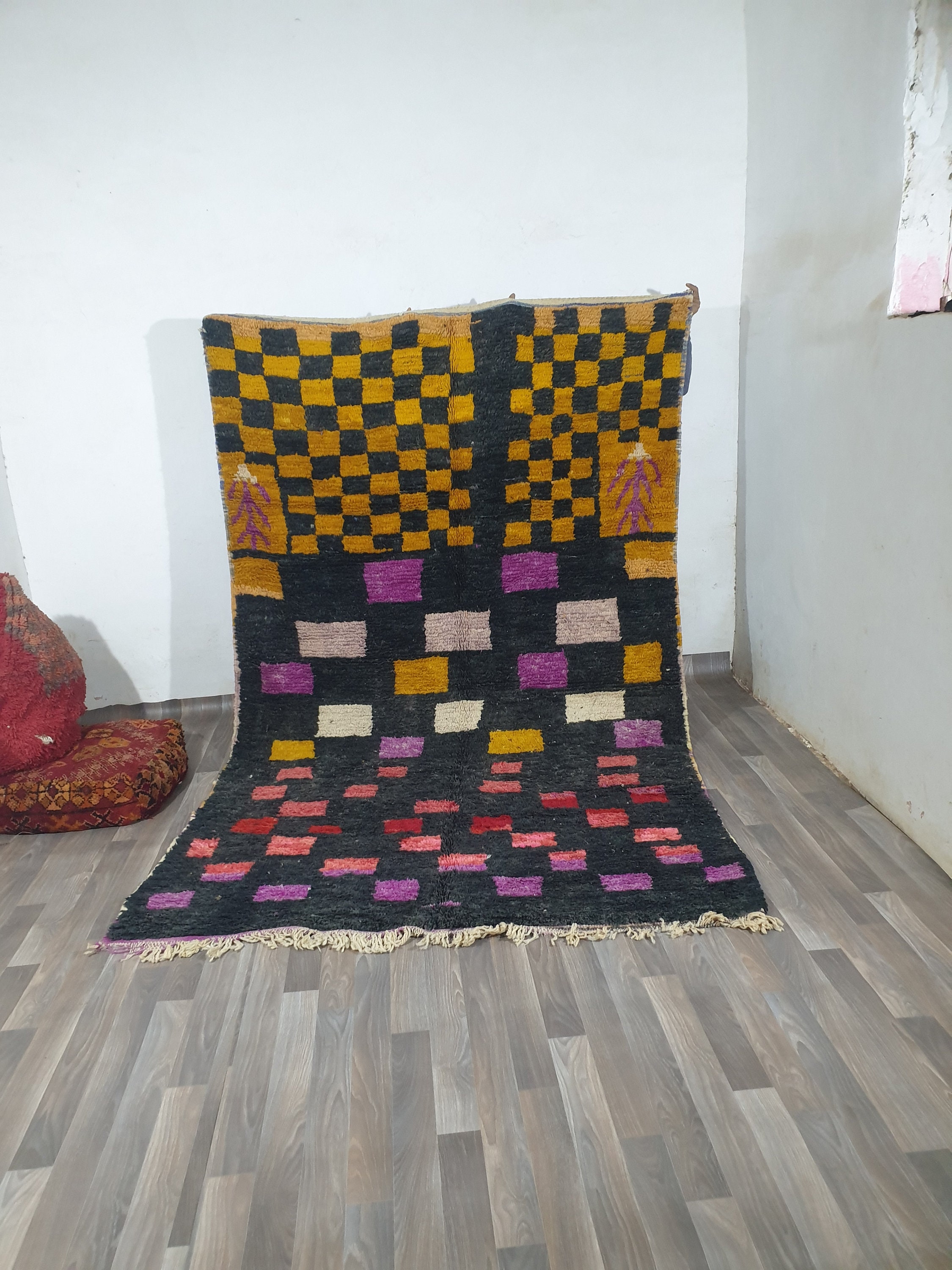 Berber Wool Rug, Black Checkered Azilal Style (handwoven, Plush) - Etsy