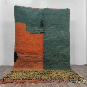 Peut inclure: Un tapis rectangulaire présentant un design en blocs de couleurs avec une grande section vert foncé sur la droite et une section orange vif sur la gauche. La bordure inférieure est un motif texturé jaune et noir avec des franges colorées.