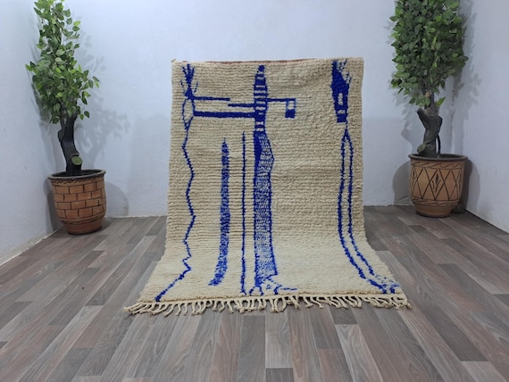 Beni Ourain Rug: Blue and White Moroccan Wool