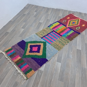 May include: A colorful, geometric patterned rug with a variety of colors including red, orange, yellow, green, blue, purple, and brown. The rug has a fringe on the edges.
