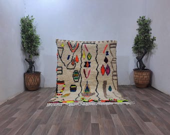 Costum Moroccan Colorful Rug - Soft Beni Ourain Rug - Authentic Moroccan Rug- New Beni Ouarain Rug - White Fine Berber Rug