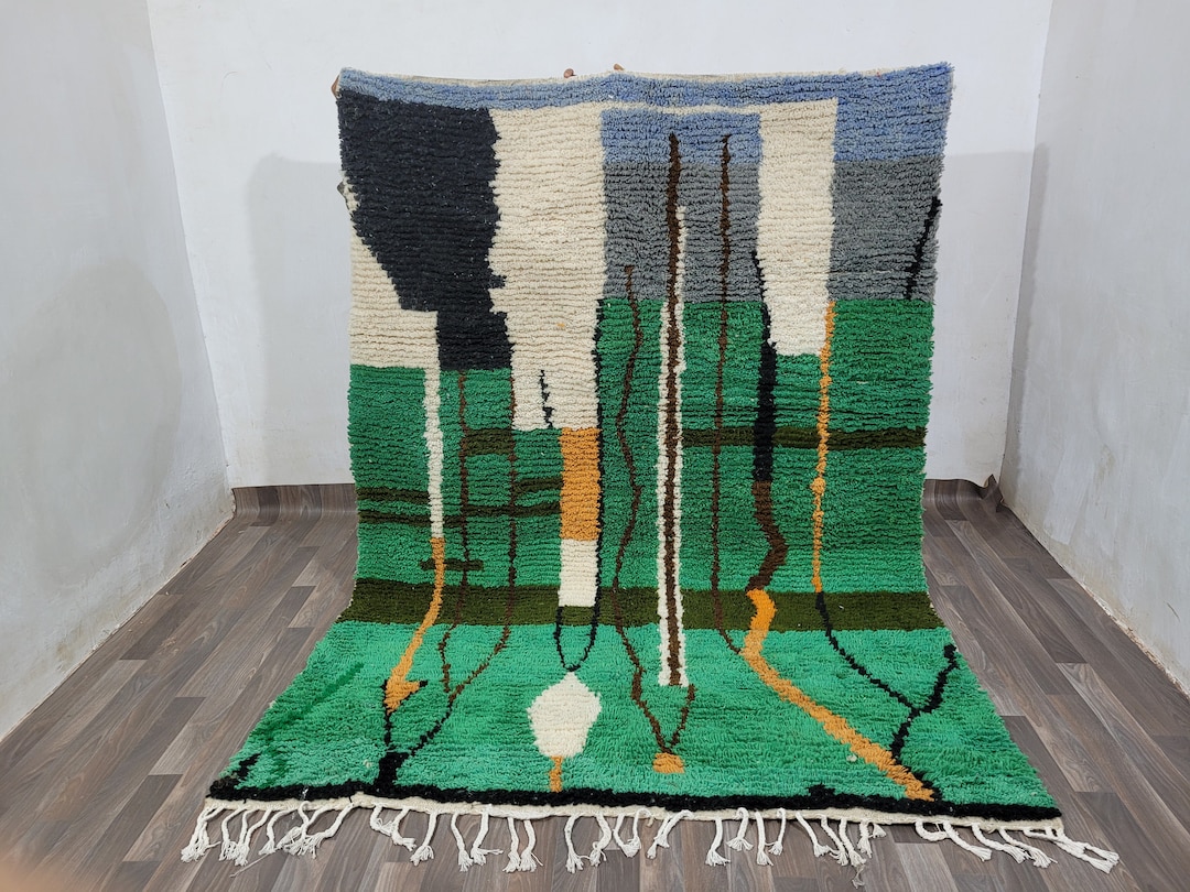 Berber Wool Rug, Moroccan Azilal Design (green and White, Handmade) - Etsy