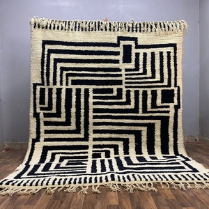 Costum Moroccan Azila Rug -Large Moroccan Woolen Carpet - New Azilal Rug - New Beni Ouarain Rug–White And Black Fine Berber Rug-FreeShipping