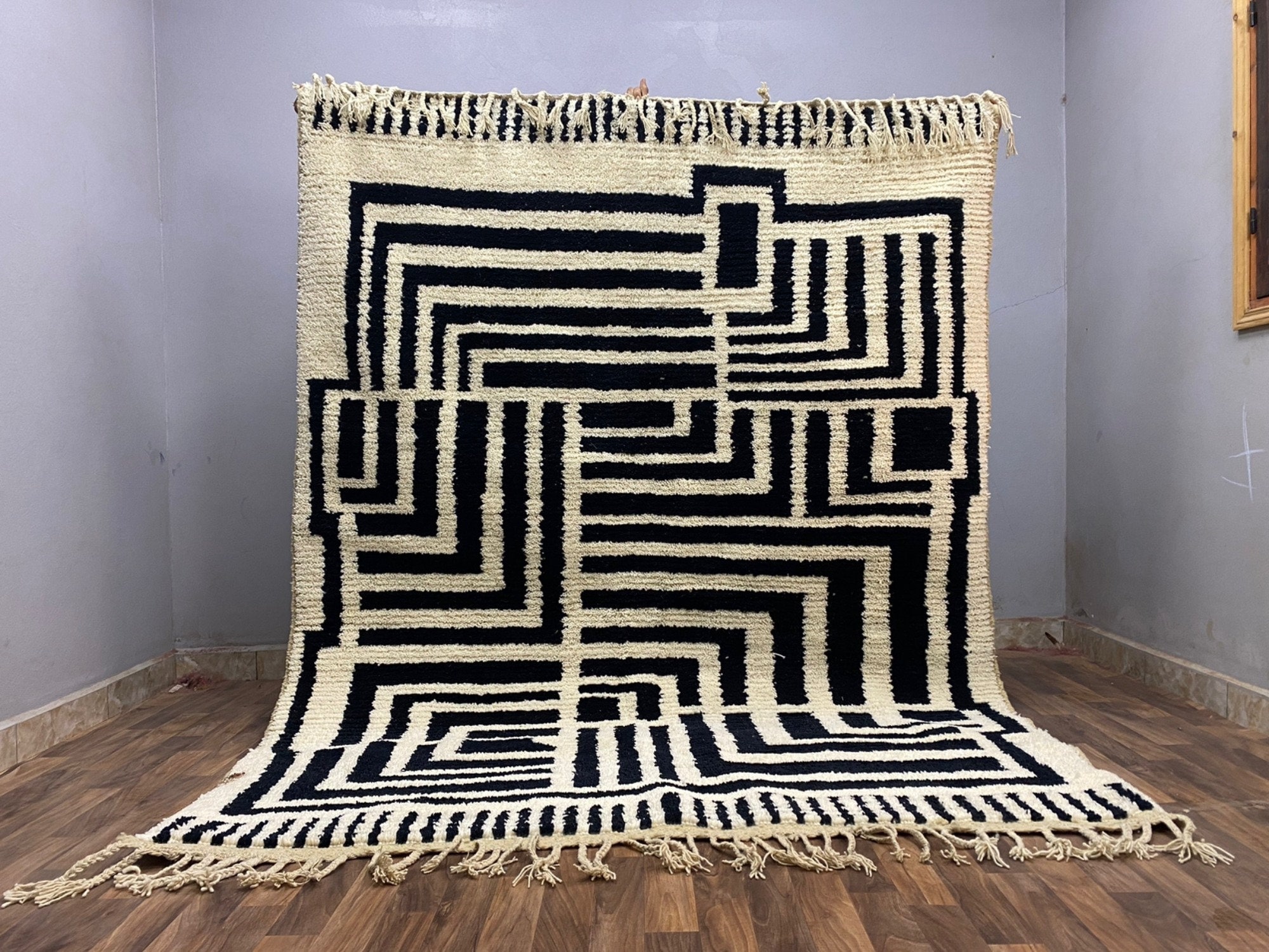 Costum Moroccan Azila Rug -Large Moroccan Woolen Carpet - New Azilal Rug - New Beni Ouarain Rug–White And Black Fine Berber Rug-FreeShipping