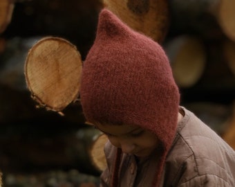 Bonnet Pixie pour bébé, bonnet tricoté en laine avec attaches, casquette souple en alpaga pour enfant, rouge rouille