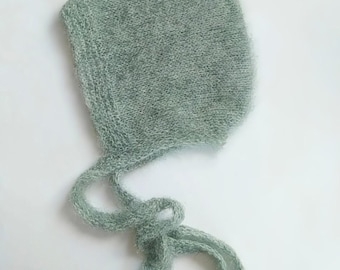 Baby Pixie Bonnet Hat, Wool Knitted Beanie with ties, Alpaca Kid Soft Cap Green Sage 1-2 y