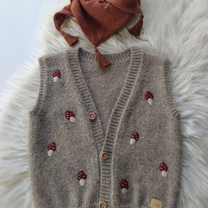 Baby Wool Vest,Mushroom embroidered vest,Grey Beige Kids vest,Classic Waistcoat,Girl Boy vest,Alpaca vest 2-4 y