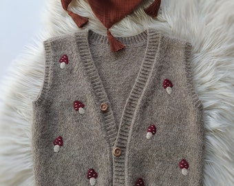 Baby Wool Vest,Mushroom embroidered vest,Grey Beige Kids vest,Classic Waistcoat,Girl Boy vest,Alpaca vest 2-4 y