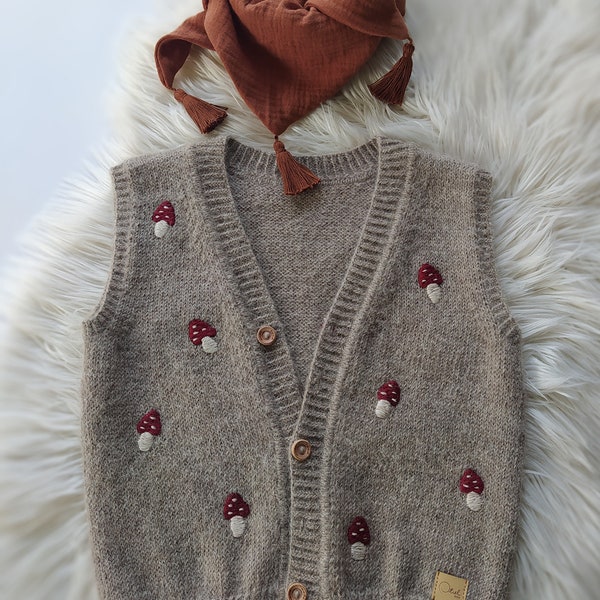 Gilet en laine pour bébé, gilet brodé de champignons, gilet gris beige pour enfants, gilet classique, gilet fille garçon, gilet alpaga 2-4 ans