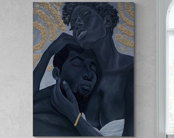 30x40 Inch Oil Painting - Black Love Wall Art - Black Man Painting - Black Woman Painting - Black White Gold Black Woman Portrait Painting