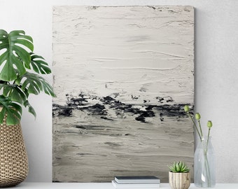 Large Black And White Painting, Abstract Modern Minimal Art, Wall Art Painting, Black And Gray Canvas Painting, Neutral Gray Wabi Sabi Art