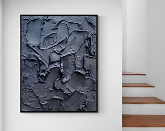 Framed Black Canvas Abstract Art  - 3D Spackle Wall Art - Matte Black Textured Wall Art Set - Black Wall Art Painting - Texture Painting