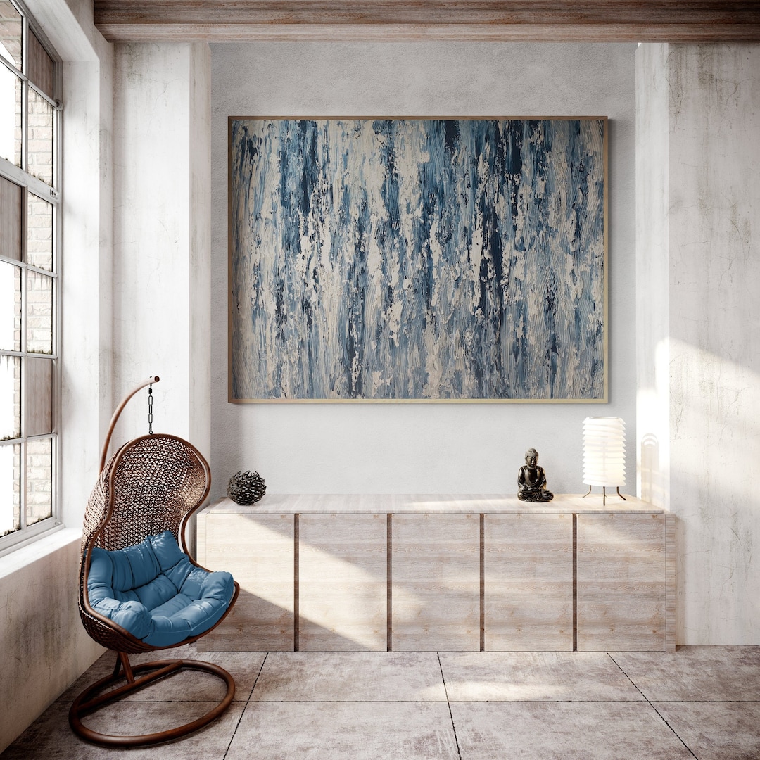Large Abstract Blue Painting, Textured Painting, Large Blue Wall Art, Blue Living Room Decor ...