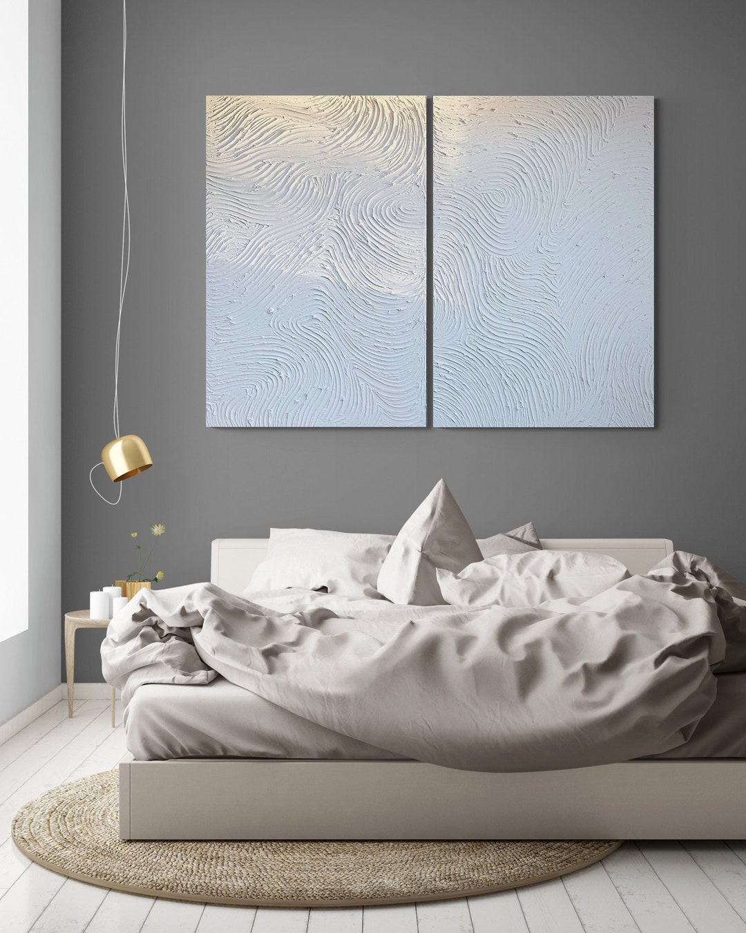 Large Minimalistic Living Room Art Set, White Textured Painting, Original White Wall Art, Wall