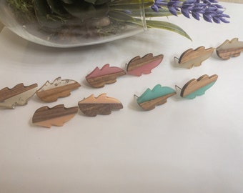 Wood and Resin Stud Leaf Earrings