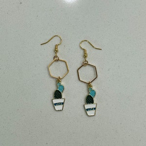 Cactus Charm Earrings. Gold Dangle and Drop Earrings. Gift for Her