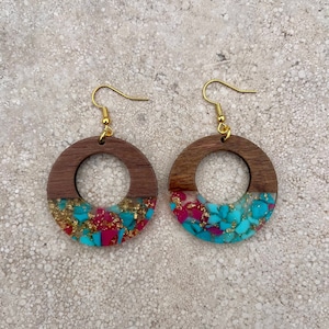 Wood and Resin Dangle and Drop Hoop Earrings with Sterling Silver Fish Hook. Gift for Her