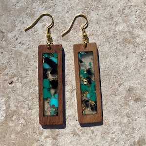 Wood and Resin Dangle and Drop Earrings with Sterling Silver Fish Hook. Gift for Her