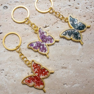 Crushed Glass in Resin Keychain. Gold Butterfly Metal Split Keyring
