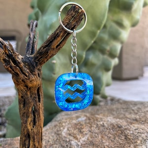 Resin and Foil Leaf Keychain. Zodiac Sign Split Keyring.