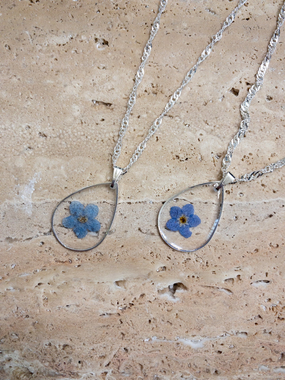Me Not Pressed Flower in Resin Necklace. Silver Teardrop