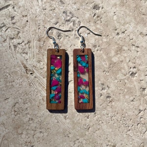 Wood and Resin Dangle and Drop Earrings with Sterling Silver Fish Hook. Gift for Her