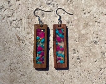 Pendientes colgantes y colgantes de madera y resina con anzuelo de plata de ley. Regalo para ella