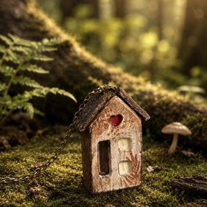 May include: A miniature wooden house pendant attached to a metal chain. The house features a weathered brown finish, a small red heart cutout near the roof peak, a tall rectangular door opening, and two square window cutouts on the front facade.