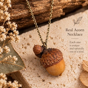 May include: A necklace featuring a real acorn pendant with a textured brown cap attached to a bronze-toned metal chain. The text on the image reads: Real Acorn Necklace. Each one is unique and naturally one of a kind.