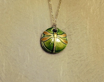 Collier à pendentif libellule en céramique, médaillon émaillé vert, bijoux nature