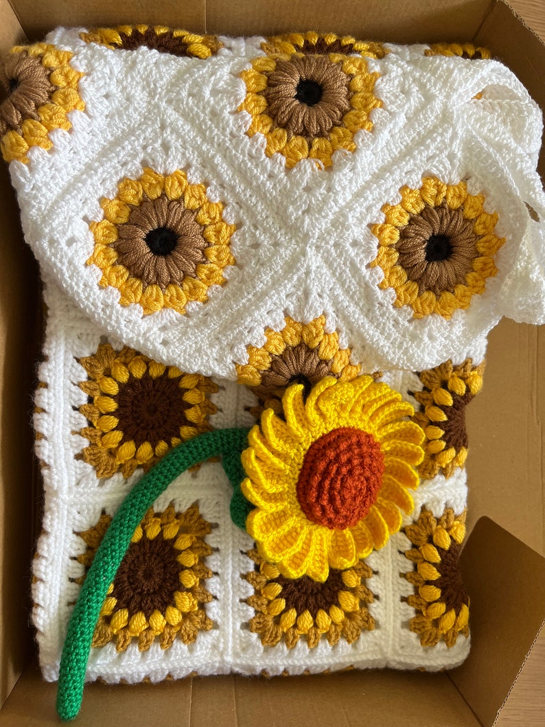 Sunflower Crochet Bag, Granny Square Handmade Market Bag, Bohemian ...
