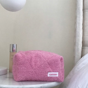 Handmade Pink Terry Cloth Quilted Cosmetic Bag/ Travel Bag/ Toiletry Bag/ Makeup Bag/ Beauty Bag