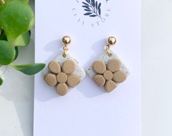 Mini Dangling Square Clay Statement Earring | Tan | Boho Earring | Lightweight Earring | Gifts for Her| Hypoallergenic | For Sensitive Ears