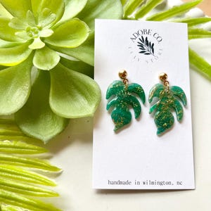 Boho Monstera Earrings |  Green and Gold | Lightweight & Hypoallergenic