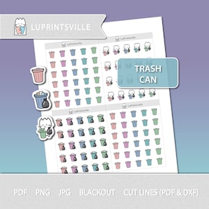 Trash Can Printable Planner Stickers | Garbage planner stickers | Bullet journal trash printable stickers | Cut lines