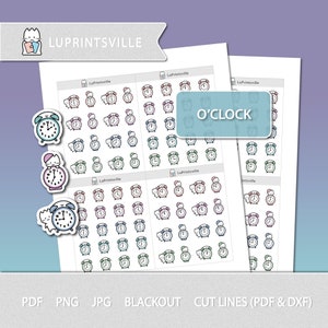 May include: A set of printable planner stickers featuring various colorful alarm clocks with a cat design. The stickers are labeled "O'CLOCK" and include the text "LuPrintsville".