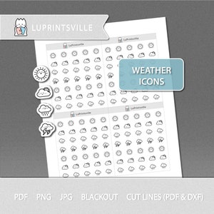 Icônes météo Autocollants de planificateur imprimables | Autocollants de planificateur météorologique | Autocollants météo imprimables Bullet Journal | Lignes de coupe