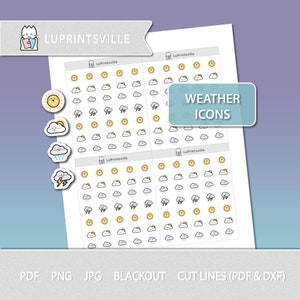 Icônes météo Autocollants de planificateur imprimables | Autocollants de planificateur météorologique | Autocollants imprimables bullet journal météo | Lignes de coupe