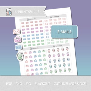 以下が含まれることがあります： パステルカラーのさまざまなメールアイコンが描かれた、印刷可能なデジタルステッカー。アイコンには、封筒、眼鏡をかけた猫の封筒、"読んだ"、"返信"、"送信済み"などのテキストが書かれた封筒が含まれています。