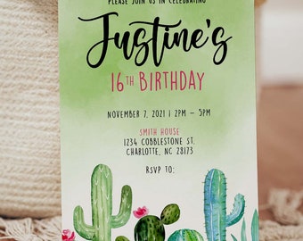 Watercolor Cactus & Succulent Birthday Invitation, Fully Editable, Handpainted Watercolor, Made to Order